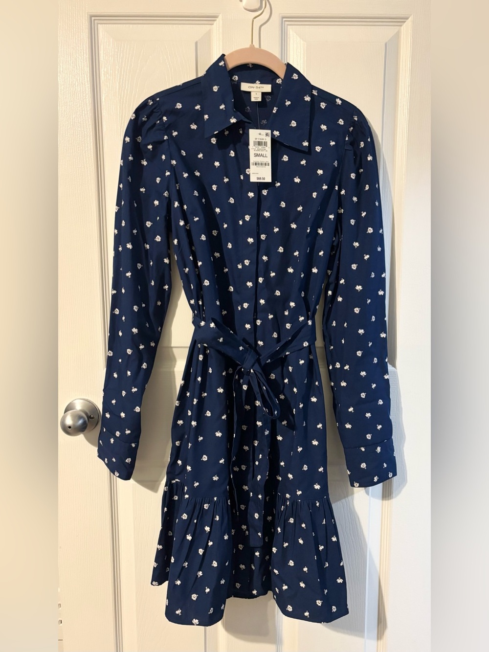 NWT On 34th Navy with flowers belted dress